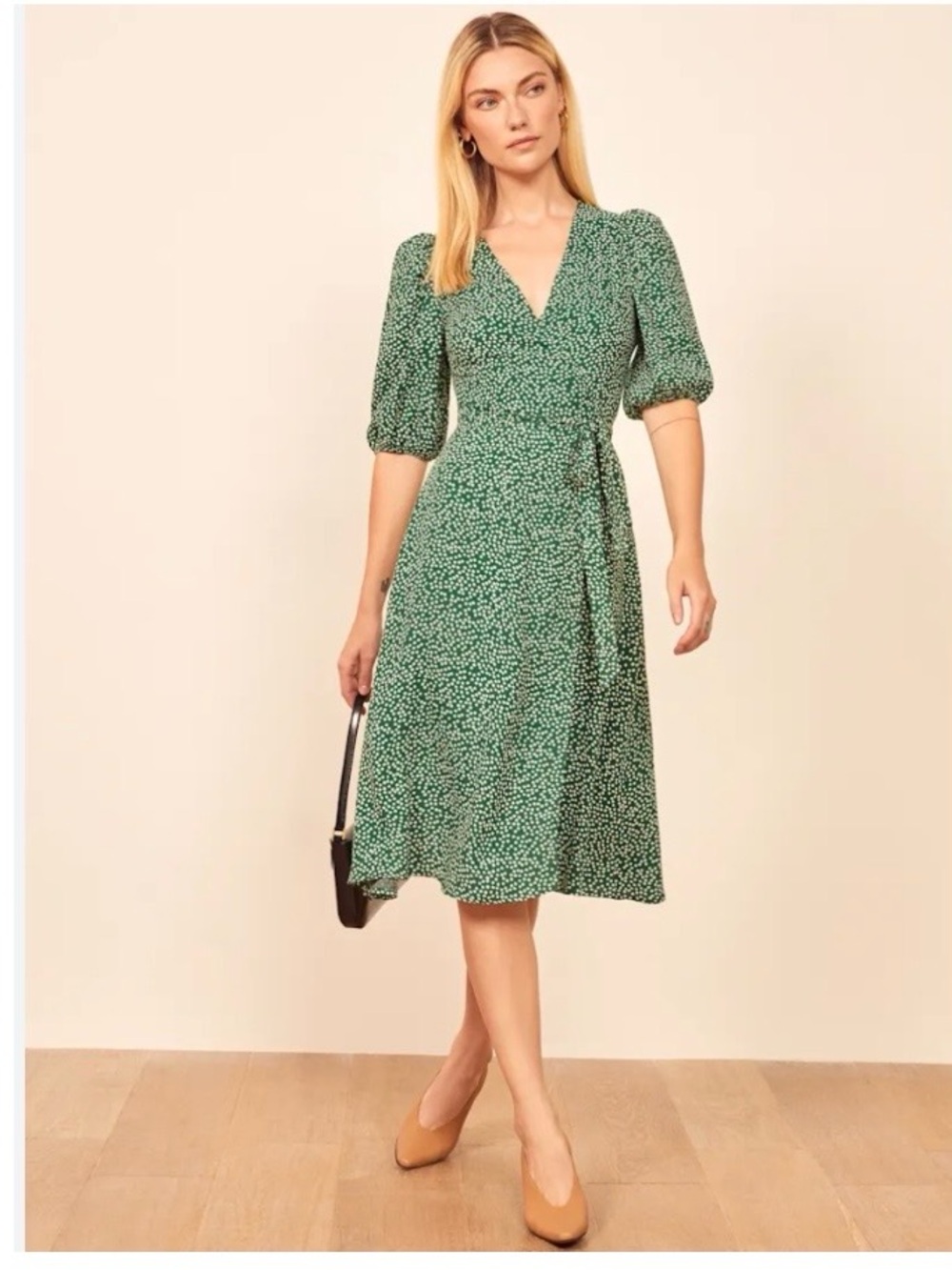 Reformation Christa Green Floral Midi Wrap Dress Puff Sleeve Size Large